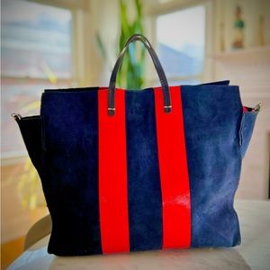 Clare V classic tote, Navy suede-red stripes.